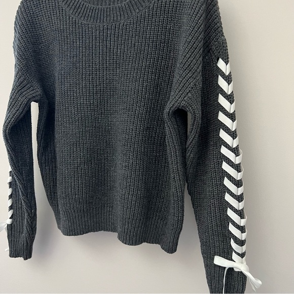 Gray Lace Up Crewneck Sweater - Picture 6 of 12